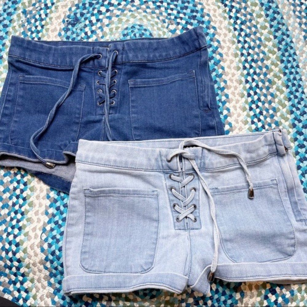 Urban Outfitters Lace-Up Denim Shorts in Dark Blue and Light Blue